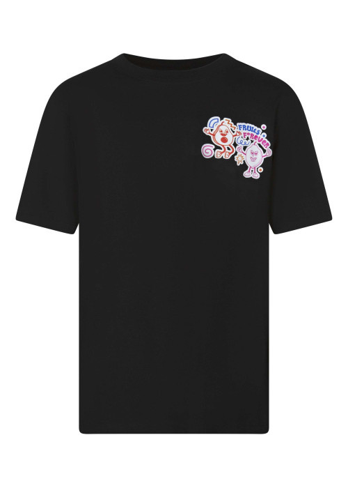 T-shirt en coton biologique noir uni pourvu d'imprimés de fruits et légumes
