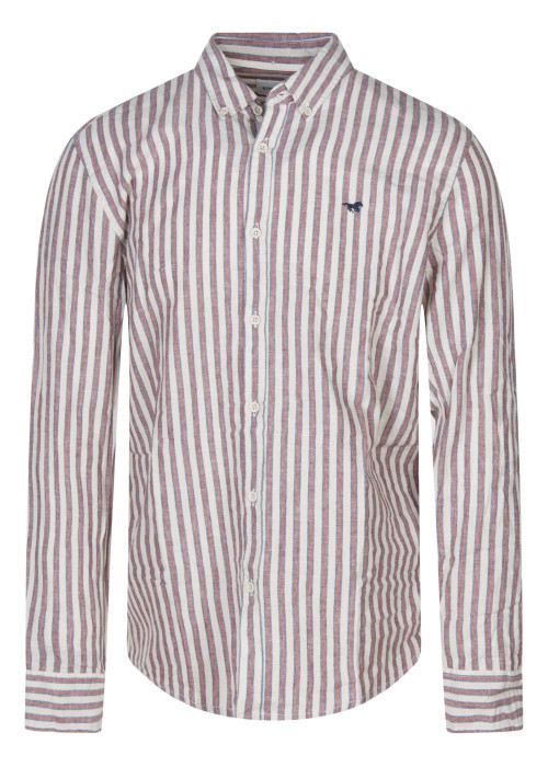 Chemise en coton et lin mélangé beige à rayures pourvue d'une coupe slim