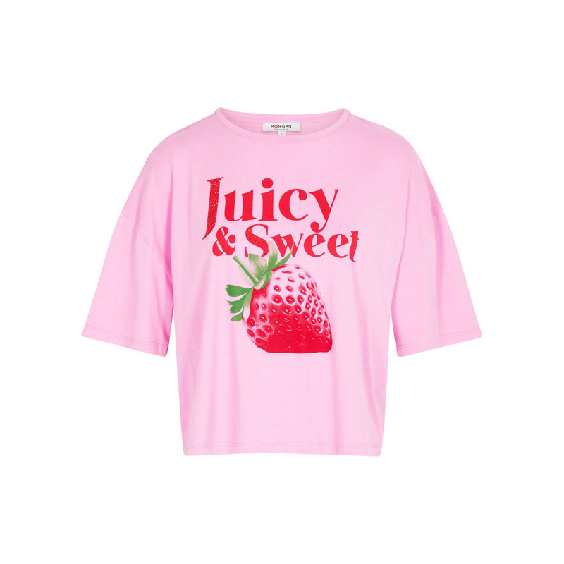 Morgan - T-shirt Rose Uni Pourvu D'un Imprimé Fraise Et D'un Col Rond - Rose Morgan - T-shirt Rose Uni Pourvu D'un Imprimé Fraise Et D'un Col Rond - Rose