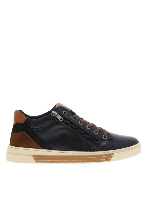 Tennis en cuir bleu marine avec une fermeture zippée et des lacets