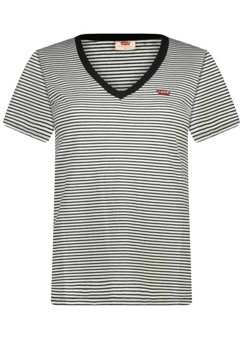 T-shirt blanc en coton rayé avec une coupe droite et un col v en noir