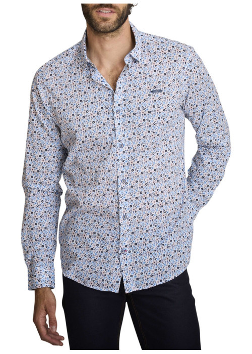 Chemise en coton bleu à coupe droite ornée d'un motif floral tricolore