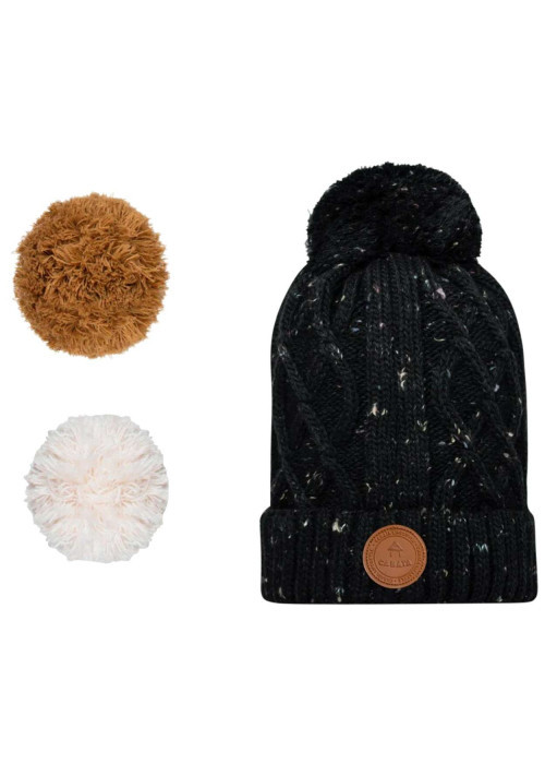 Bonnet noir uni effet moucheté avec pompons interchangeables