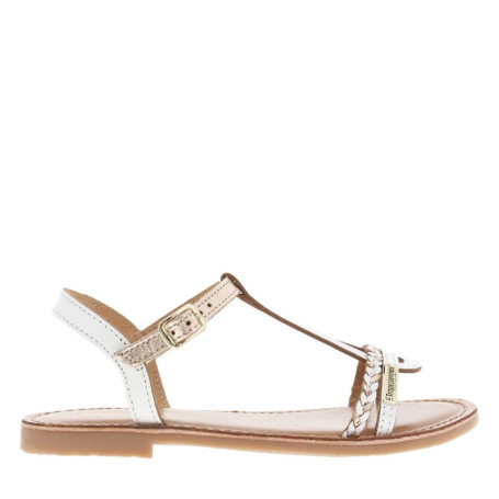 Nu-pieds en cuir blanc et or à talon décroché...