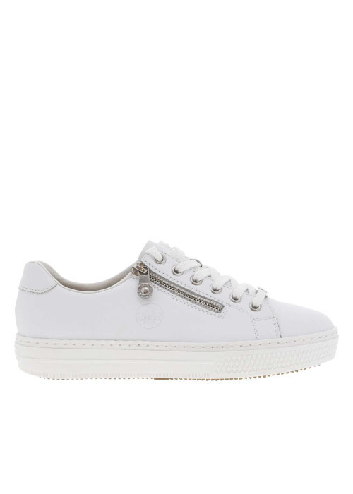 Baskets basses tennis en cuir enduit blanches avec lacets plats et zip latéral