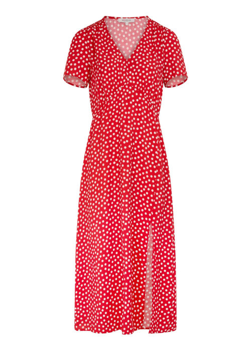 Robe longue rouge à coupe droite pourvue d'un col v et de manches courtes