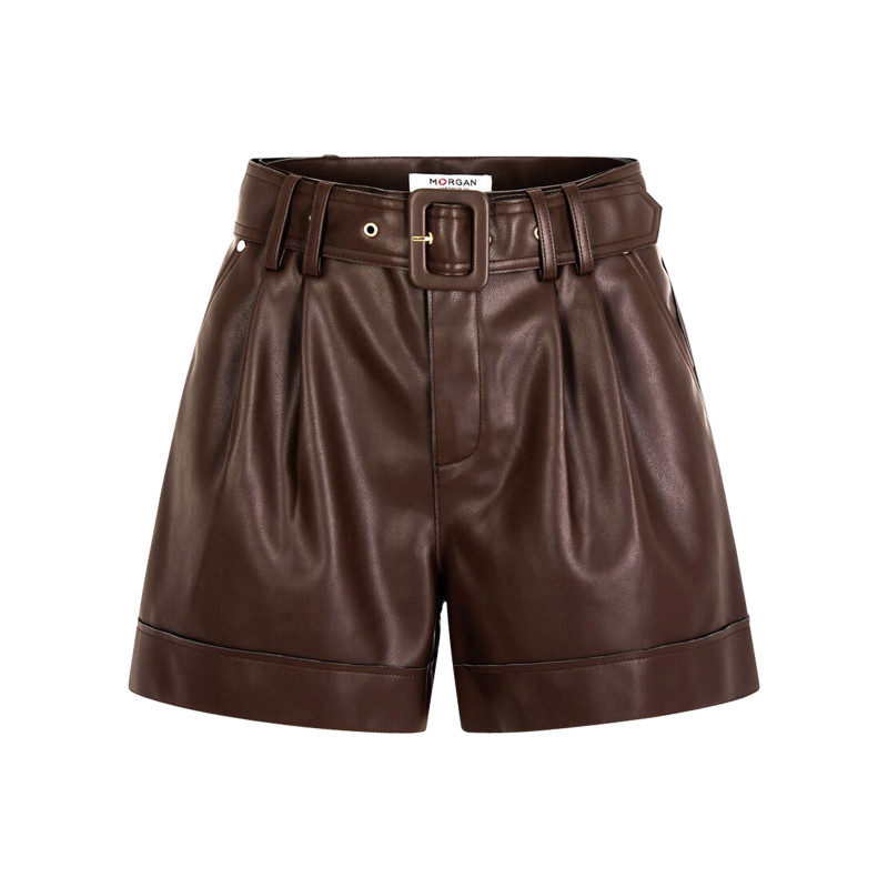 Morgan - Short En Simili Cuir Marron Uni à Coupe Droite Avec Une Ceinture - Marron