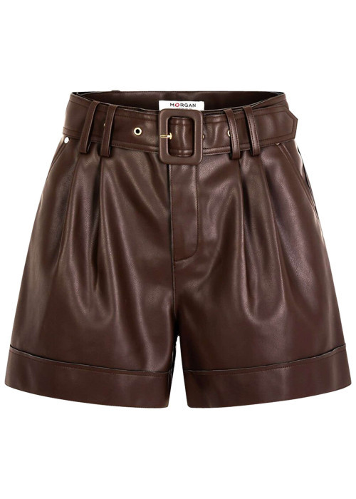 Short en simili cuir marron uni à coupe droite avec une ceinture