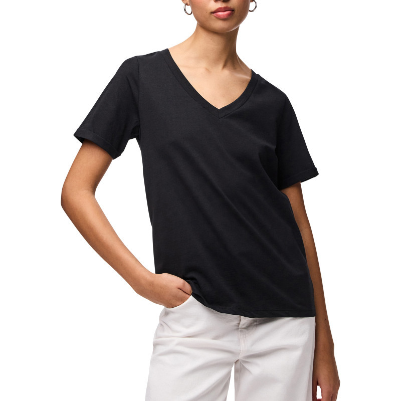 Pieces - T-shirt En Coton Biologique Noir Uni Avec Une Coupe Droite Et Un Col V - Noir Pieces - T-shirt En Coton Biologique Noir Uni Avec Une Coupe Droite Et Un Col V - Noir