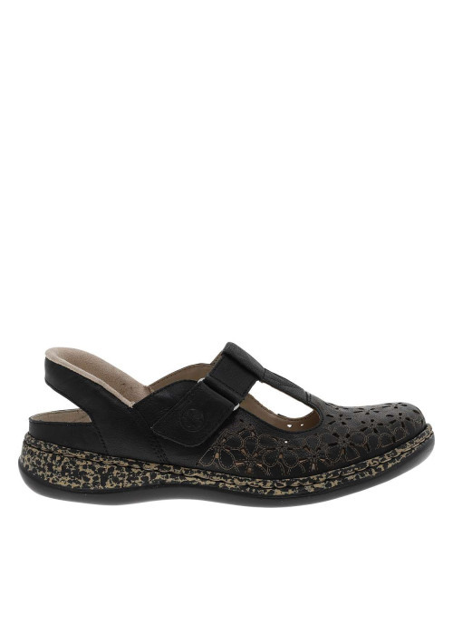 Ballerines emboitant en cuir noires à talon plat avec une bande auto-agrippante