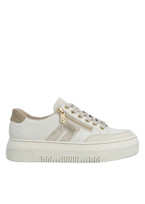 Tennis en cuir beiges à talon plateau avec des lacets et un zip latéral