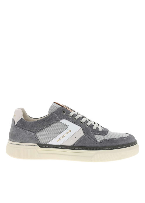 Tennis grises en cuir à talon plat avec des lacets et logo imprimé