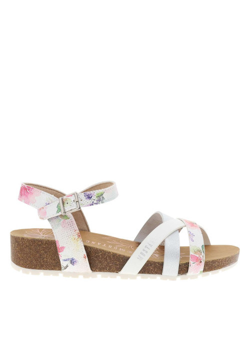 Nu-pieds blancs à semelle compensée bas et à boucle à ardillon