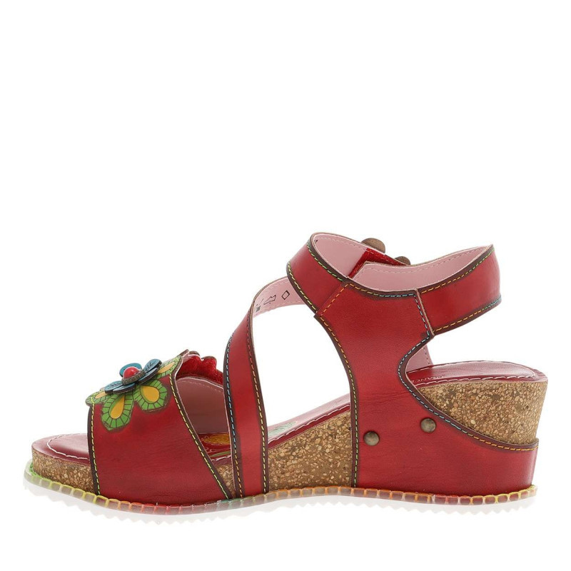 Laura Vita - Nu-pieds En Cuir Rouge à Semelle Compensé Et à Bandes Auto-agrippantes - Rouge Laura Vita - Nu-pieds En Cuir Rouge à Semelle Compensé Et à Bandes Auto-agrippantes - Rouge
