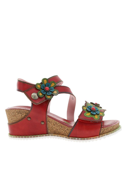 Nu-pieds en cuir rouge à semelle compensé et à...