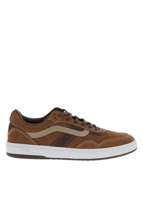 Baskets marron en cuir avec un talon plat et des lacets tressés jaune et marron