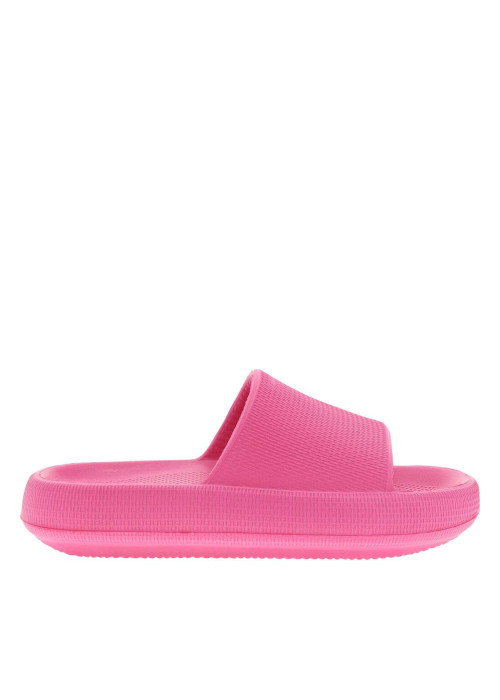 Mules fuchsia à semelle plate avec un logo à l'intérieur et une matière texturée