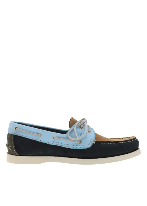 Mocassins bateau bleu marine en cuir avec un talon plat et à slip-on