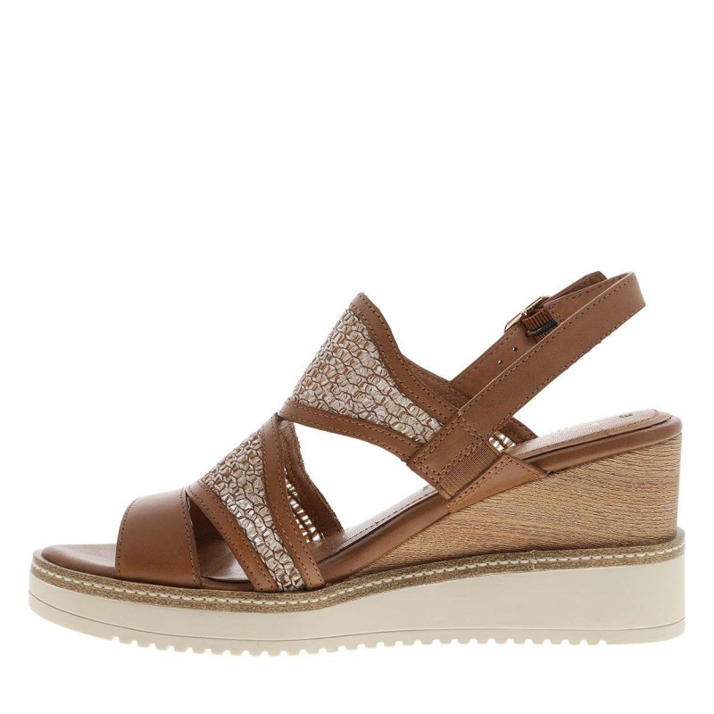 Tamaris - Nu-pieds En Cuir Cognac à Semelle Compensé Et à Boucle à Ardillon - Brun Tamaris - Nu-pieds En Cuir Cognac à Semelle Compensé Et à Boucle à Ardillon - Brun