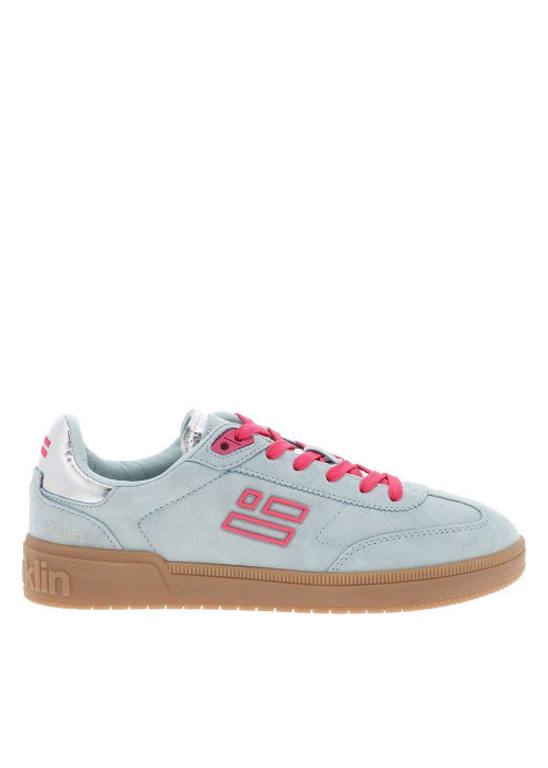 Tennis en cuir bleues à talon plat avec des lacets et un logo rose