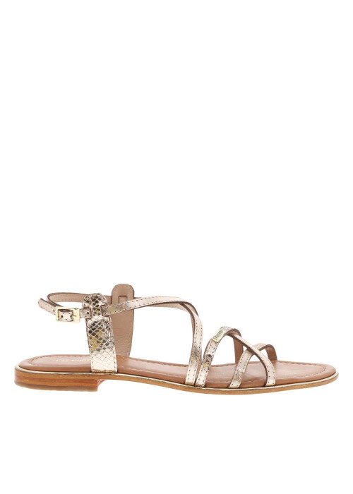Sandales en cuir or roses avec des sangles croisées et à talon décroché bas