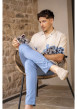 Thumbnail Chemise beige avec paysage imprimé à coupe droite avec un col cubain - Image 4