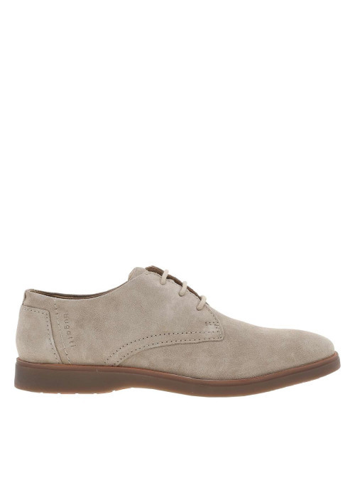 Derbies taupe à semelle plate avec un logo embossé sur la languette