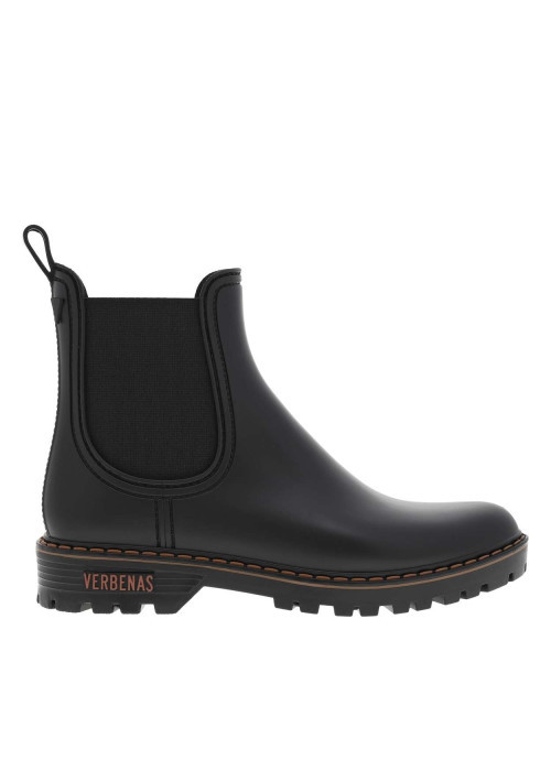 Boots noir mat, à trépointe beige, talon décroché bas et soufflet élastiqué