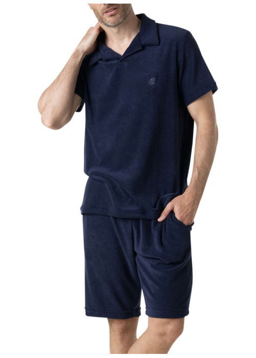Pyjama court en coton mélangé marine uni pourvu d'un col à revers