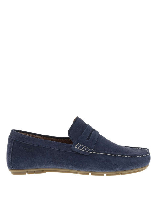 Mocassins Bicari en cuir bleu marine à talon plat avec un logo au talon