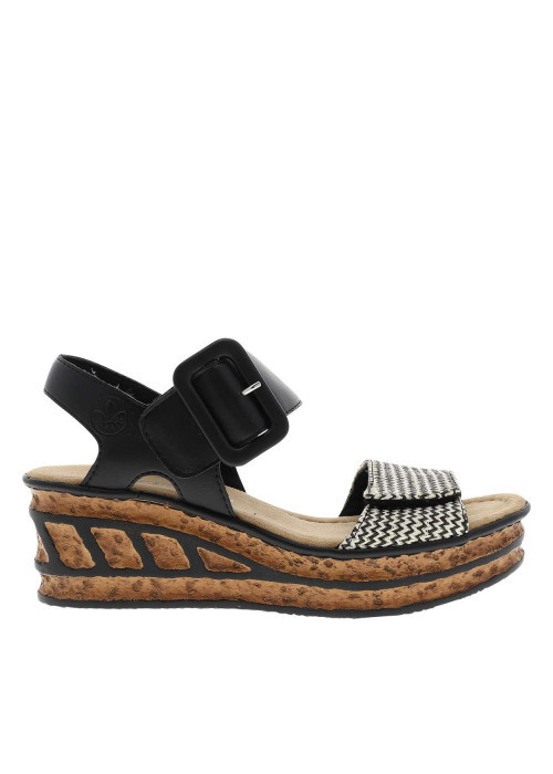 Nu-pieds noirs à semelle compensée haute et à boucle à ardillon