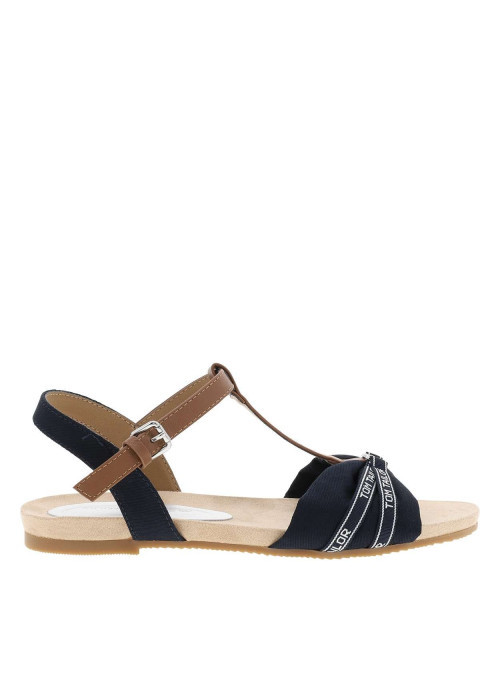 Nu-pieds bleu marine à semelle plate avec une fermeture à boucle à ardillon
