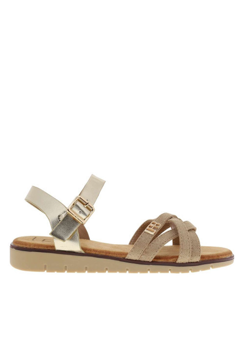 Nu-pieds or avec un talon compensé bas et une boucle à ardillon