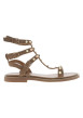 Thumbnail Nu-pieds caramel hauts en cuir avec un talon plat et une boucle à ardillon