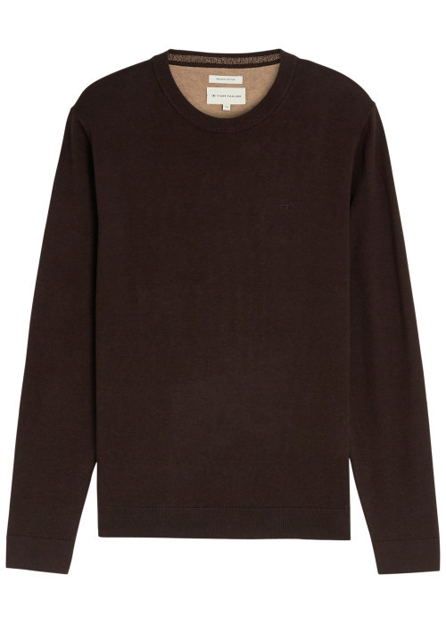 Pull en coton marron à coupe droite pourvu d'un col rond et de manches longues