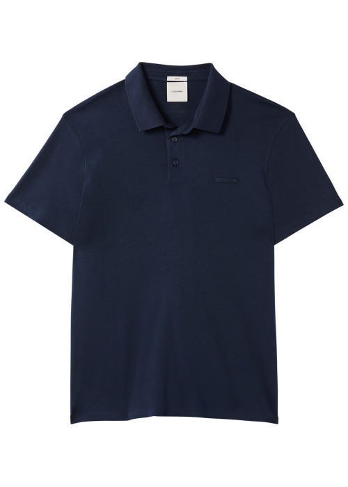 Polo en coton marine à coupe droite pourvu d'un col boutonné