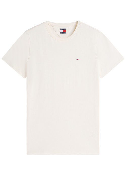 T-shirt en coton écru à coupe droite pourvu d'un col rond côtelé