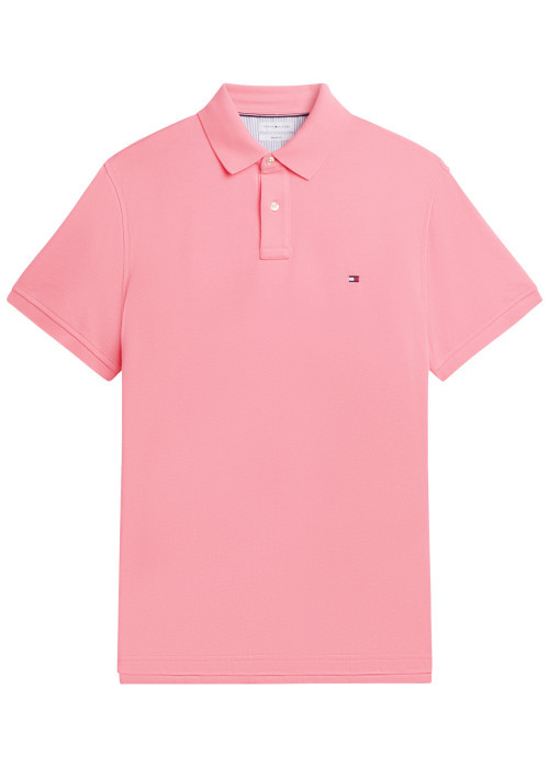 Polo en coton biologique rose à coupe ajustée pourvu d'un col boutonné