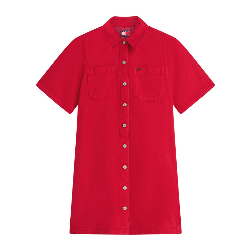 Tommy Jeans - Robe Courte En Coton Rouge à Coupe Droite Pourvue D'une Fermeture Boutonnée - Rouge Tommy Jeans - Robe Courte En Coton Rouge à Coupe Droite Pourvue D'une Fermeture Boutonnée - Rouge