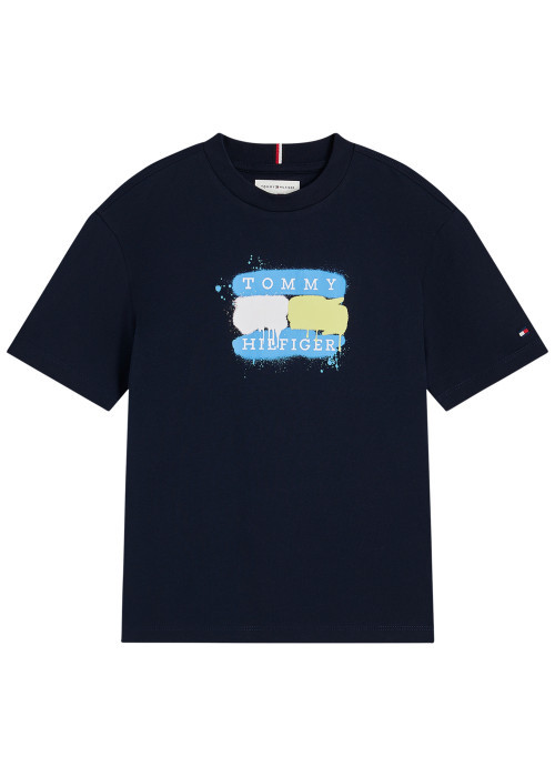 T-shirt en coton marine à coupe droite orné d'un imprimé sur la poitrine