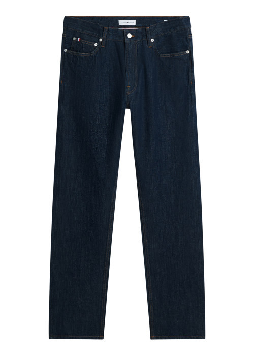 Jean en coton brut à coupe droite pourvu d'une fermeture zippée avec bouton