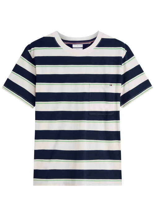 T-shirt en coton blanc et marine à rayures pourvu d'une coupe droite