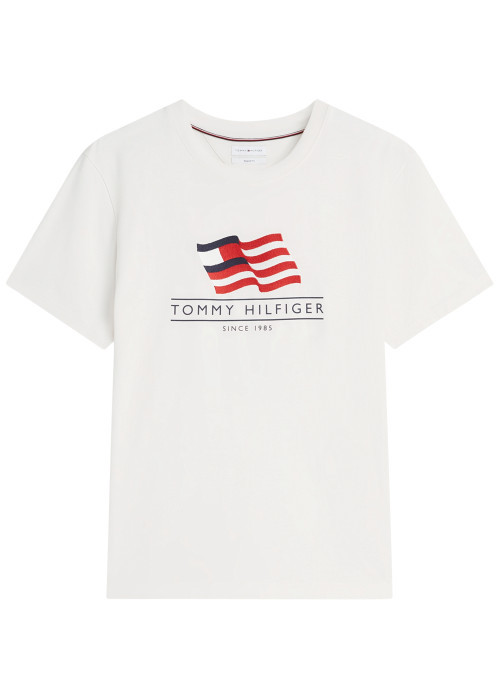 T-shirt en coton écru à coupe droite pourvu d'un col rond et de manches courtes