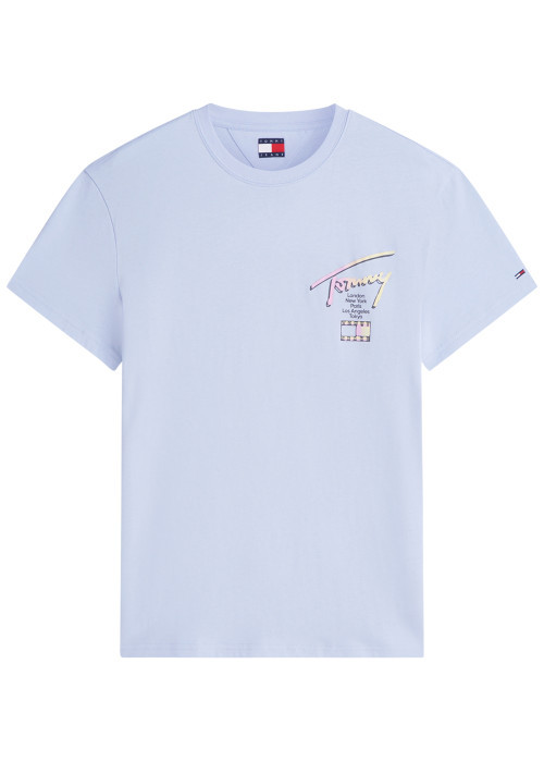 T-shirt en coton ciel à coupe droite pourvu d'un col rond côtelé