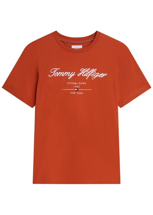 T-shirt en coton orange à coupe droite pourvu d'un col rond côtelé
