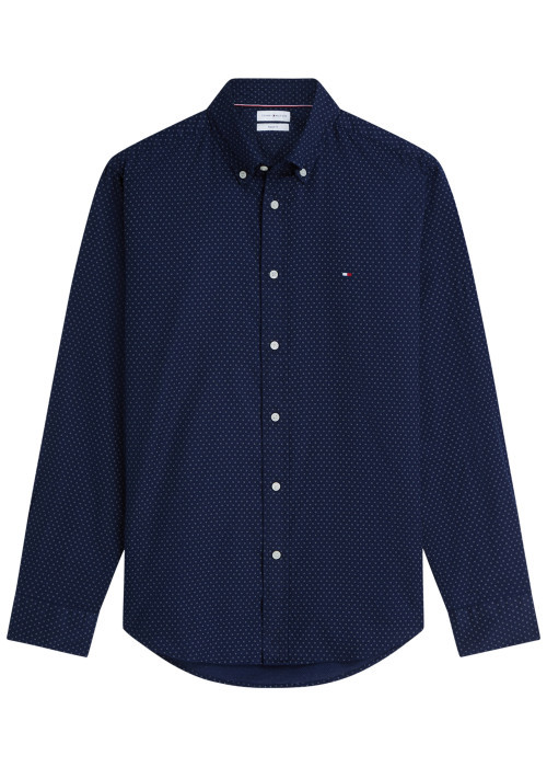 Chemise en coton marine à micro-motifs pourvue...