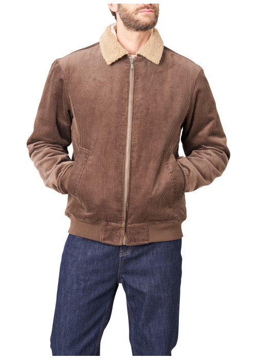 Blouson en coton brun uni avec une coupe droite et un col à revers