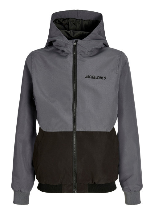 Blouson anthracite uni avec une coupe ajustée et un col à capuche