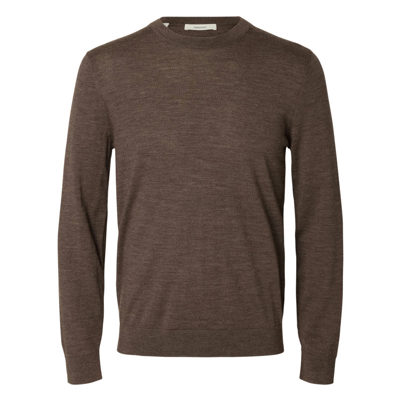 Selected - Pull En Laine Mérinos Brun à Coupe Droite Pourvu D'un Col Rond - Brun