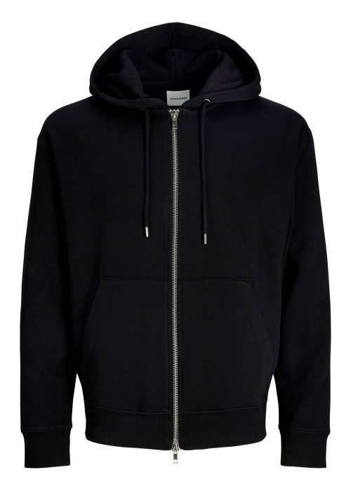 Sweat zippé en coton mélangé noir uni avec une coupe droite et une capuche